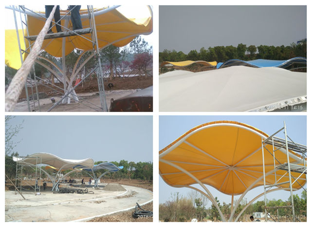 千佛洞植物園景觀膜結(jié)構(gòu)現(xiàn)場拉膜施工圖