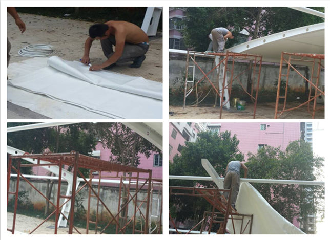 韶關氣象局L型異形鋼膜結構車棚現(xiàn)場施工圖