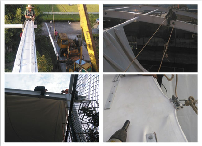 氣象局籃球場頂棚膜結(jié)構(gòu)拉膜現(xiàn)場施工圖