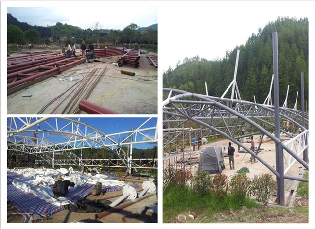 江西南昌風(fēng)景區(qū)網(wǎng)球場(chǎng)頂棚膜結(jié)構(gòu)鋼結(jié)構(gòu)現(xiàn)場(chǎng)施工圖