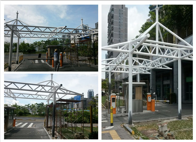 深圳羅湖小區(qū)大門門頭膜結(jié)構(gòu)鋼結(jié)構(gòu)現(xiàn)場施工圖