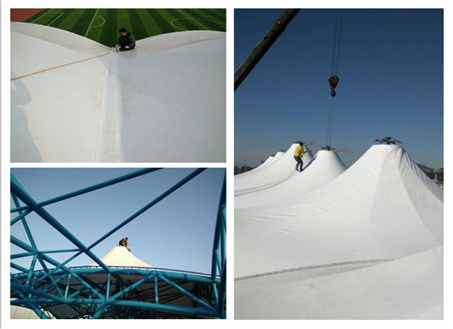 遼寧財(cái)貿(mào)學(xué)院體育看臺膜結(jié)構(gòu)拉膜現(xiàn)場施工照片